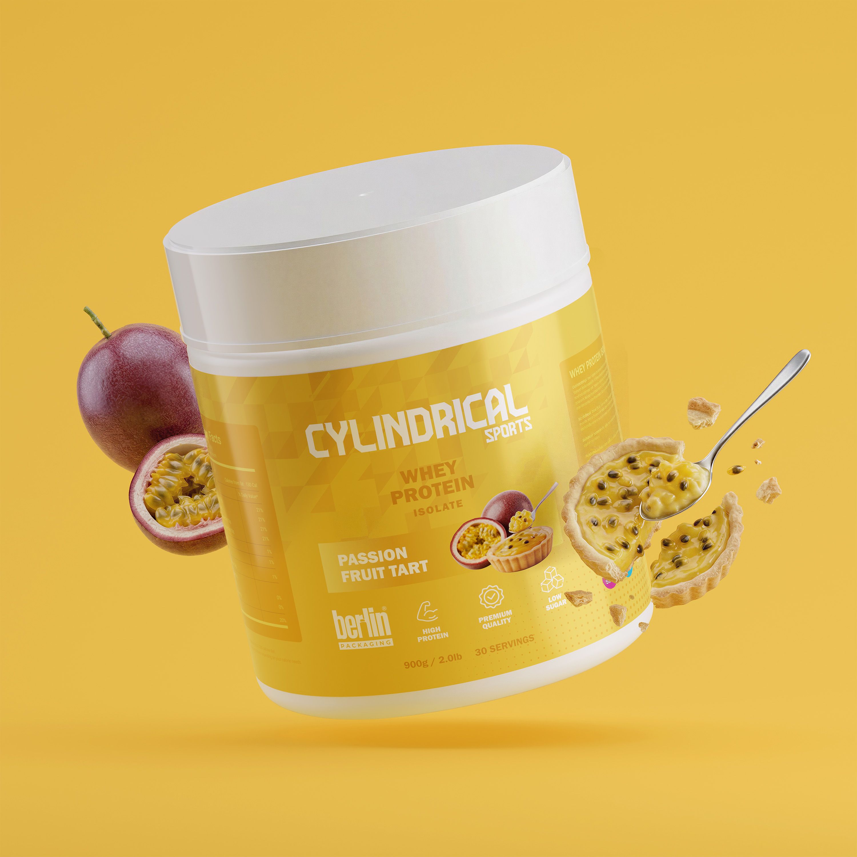 Cylindrical whey protein tub in Passion Fruit Tart flavor floating on a yellow background, accompanied by passion fruit, tart slices, and a spoon with filling.