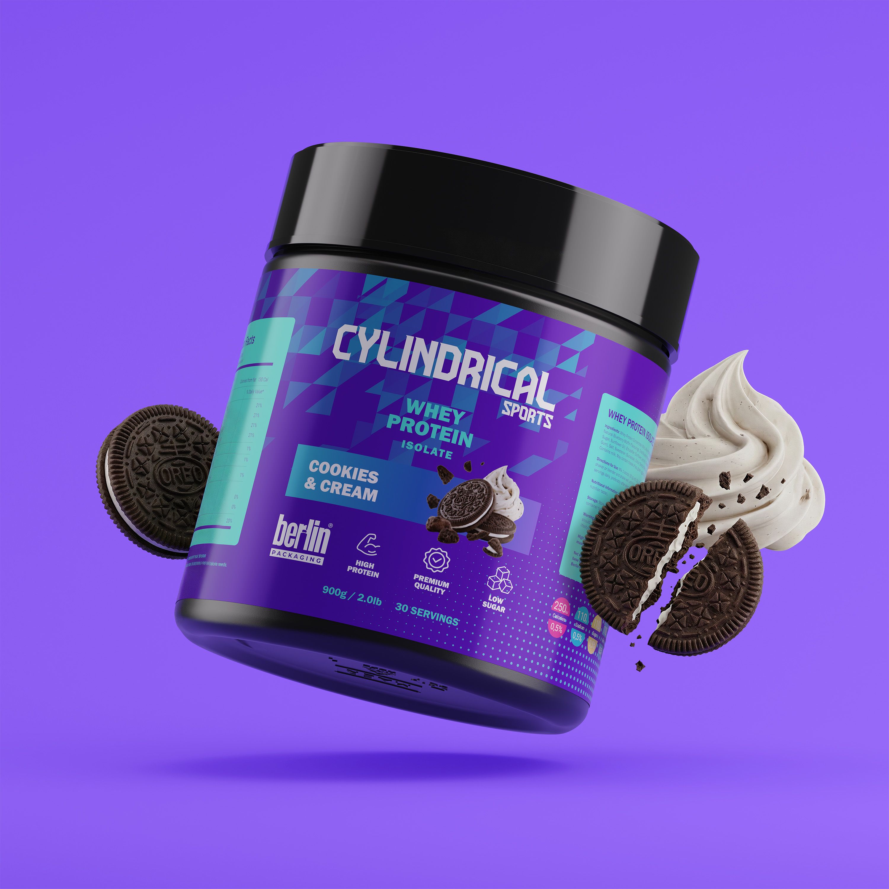 Cylindrical whey protein tub in Cookies & Cream flavor on a purple background, with chocolate sandwich cookies and a swirl of cream.