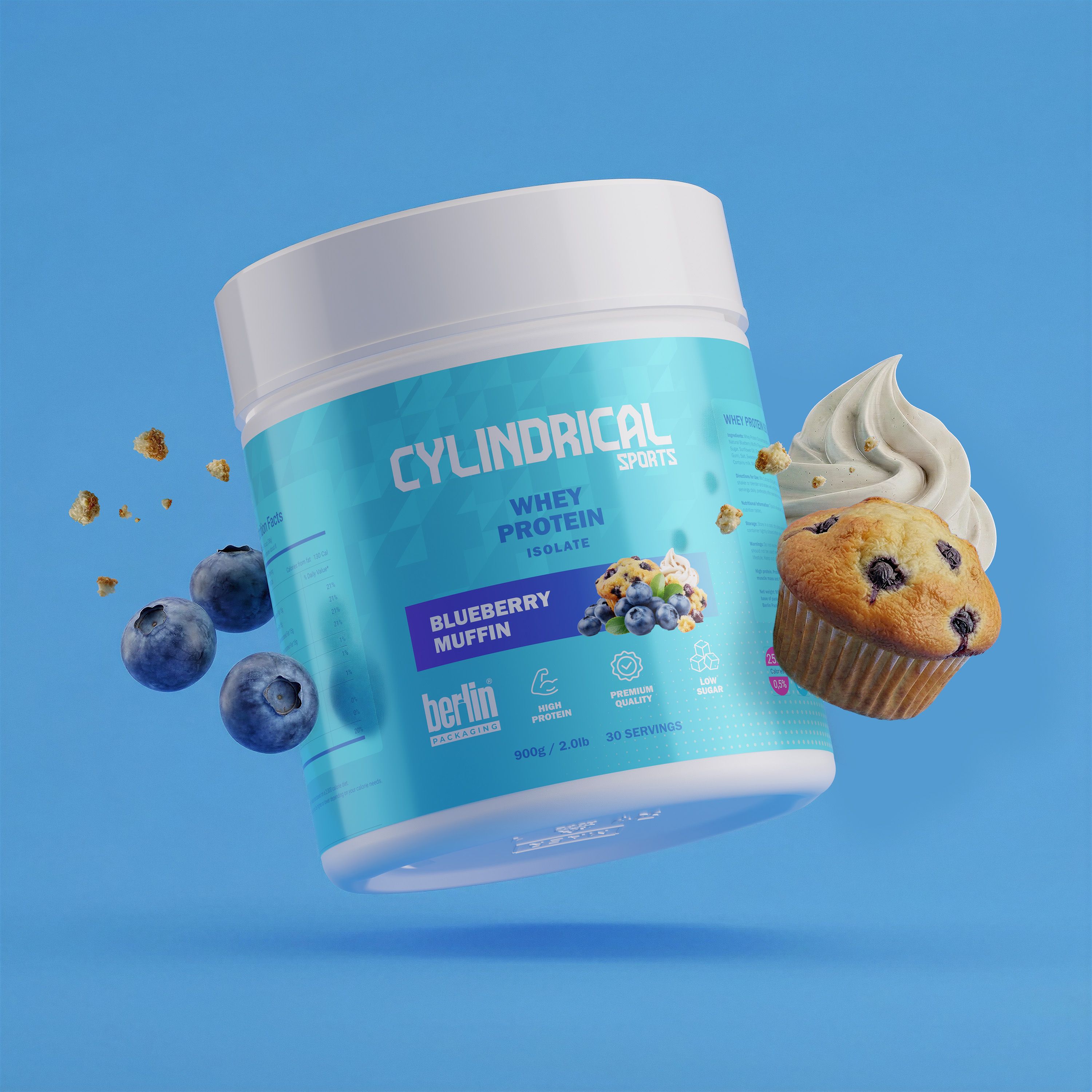 Cylindrical whey protein tub in Blueberry Muffin flavor floating on a light blue background, paired with blueberries, a blueberry muffin, and whipped cream.