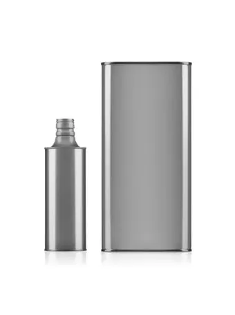 Two silver metal containers with lids; a tall rectangular one and a smaller cylindrical one with an open top, against a white background.
