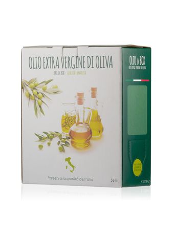 Custom white and green bag-in-box for olive oil bottles