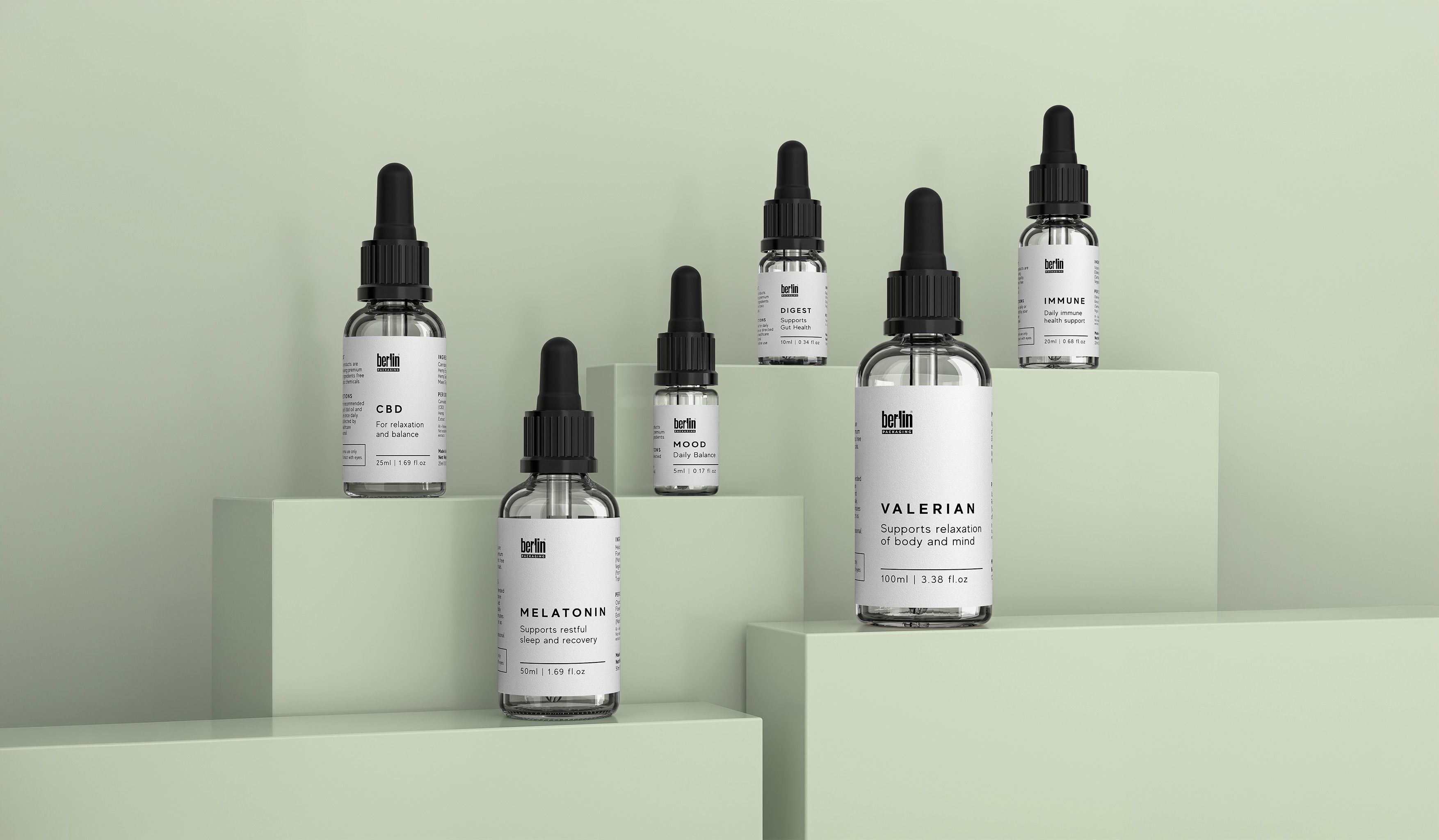 Six dropper bottles on pastel green pedestals, labeled with CBD, Melatonin, Valerian, Mood, Digest, and Immune supplements.