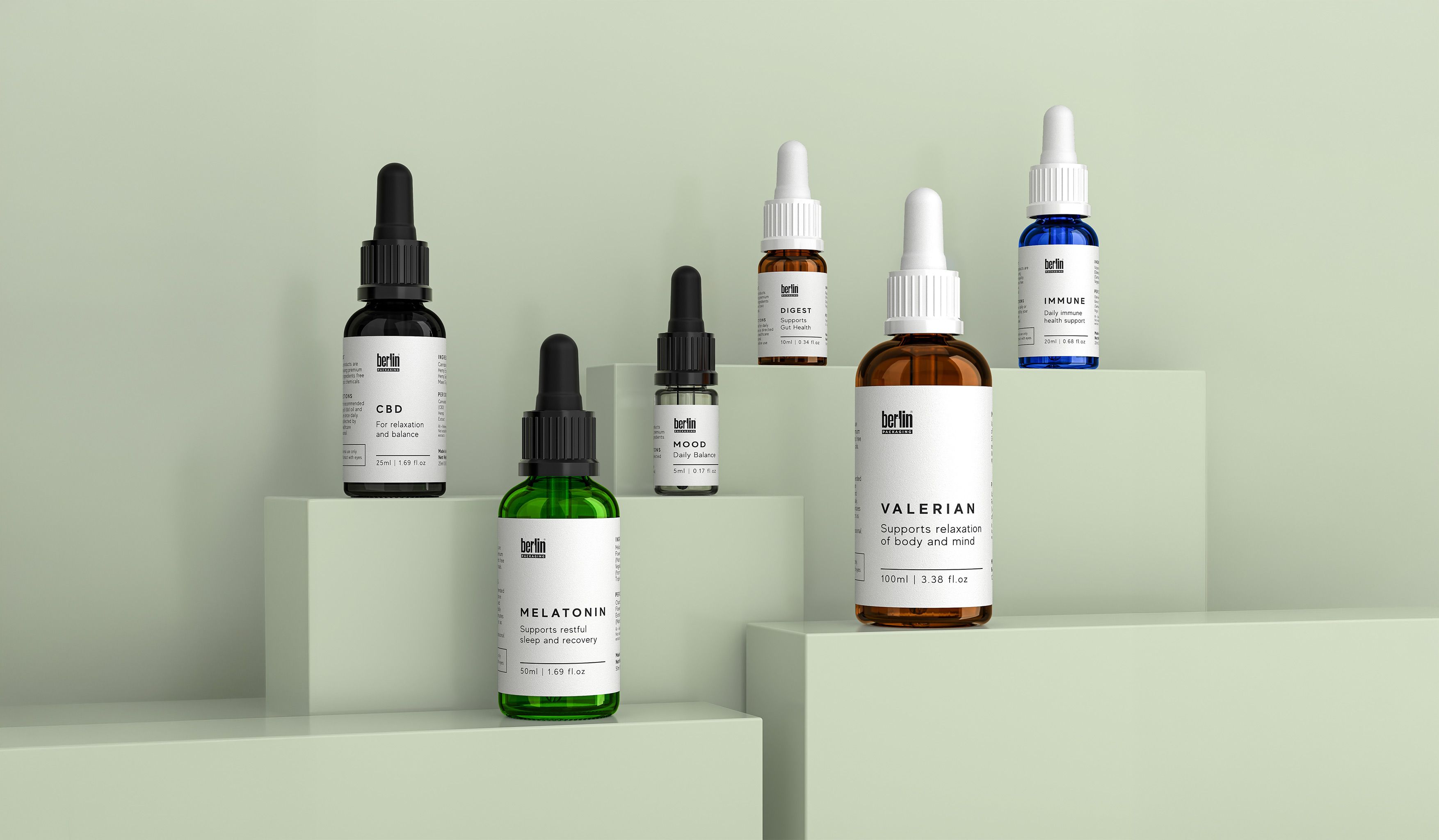 Assorted herbal supplement bottles, including CBD, Melatonin, Valerian, and others, displayed on light green pedestals.
