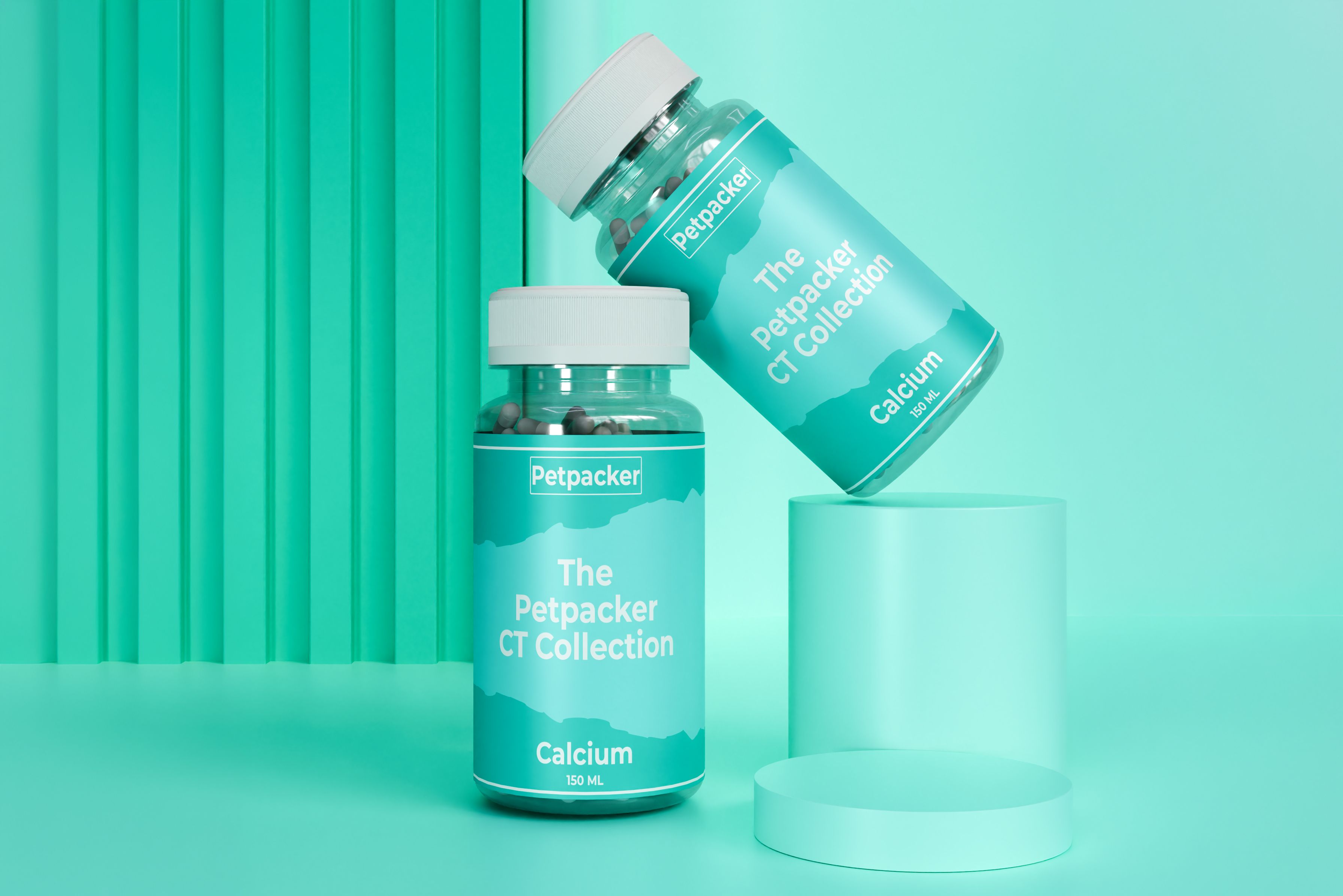Two Petpacker Calcium supplement bottles in turquoise packaging, one standing and one tilted, on minimal podiums against a soft green background.