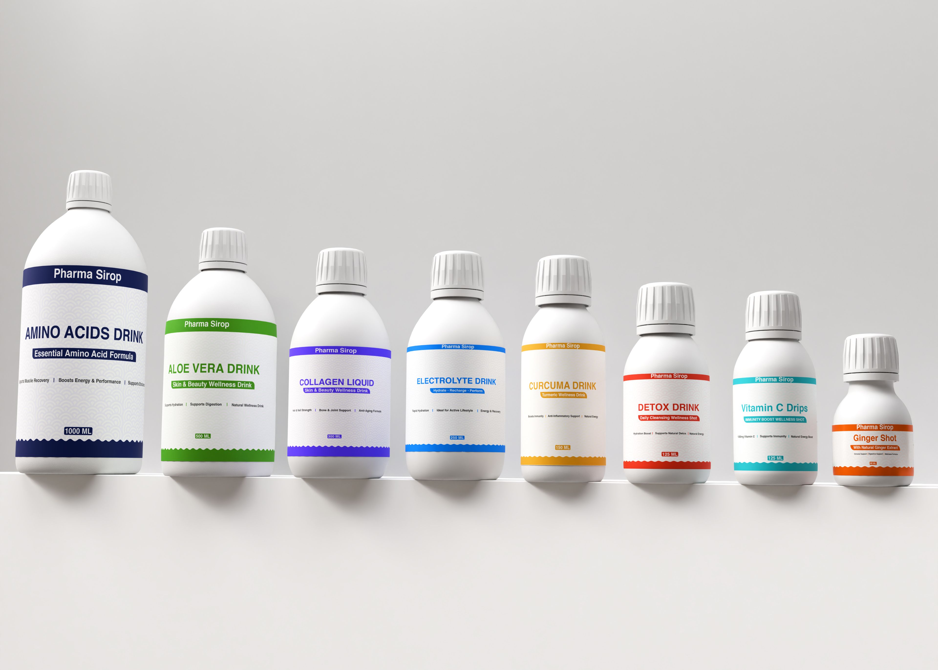 A line of eight wellness drink bottles, including amino acids, aloe vera, collagen, electrolyte, curcuma, detox, vitamin C, and ginger shot variants.