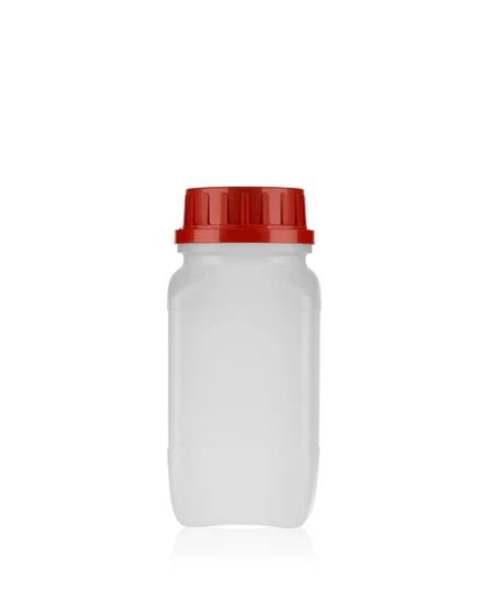 A white plastic container with a red screw-on lid, isolated on a plain white background.