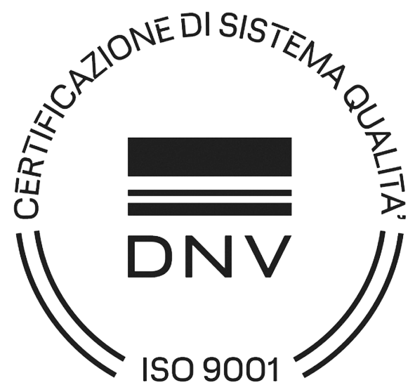 DNV ISO 9001 certification logo with bold lines and text, indicating quality system certification.