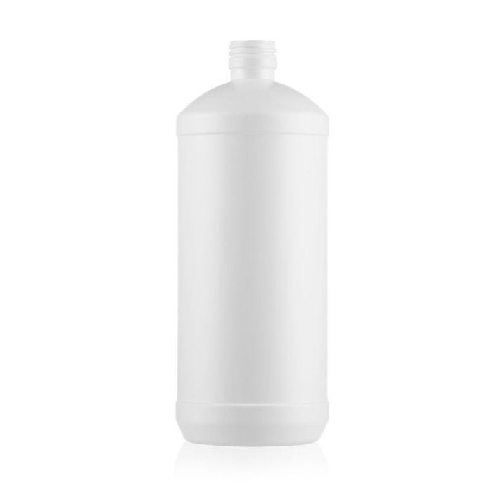 White, empty plastic bottle with a wide cylindrical shape and a narrow, open threaded top, positioned upright against a white background.