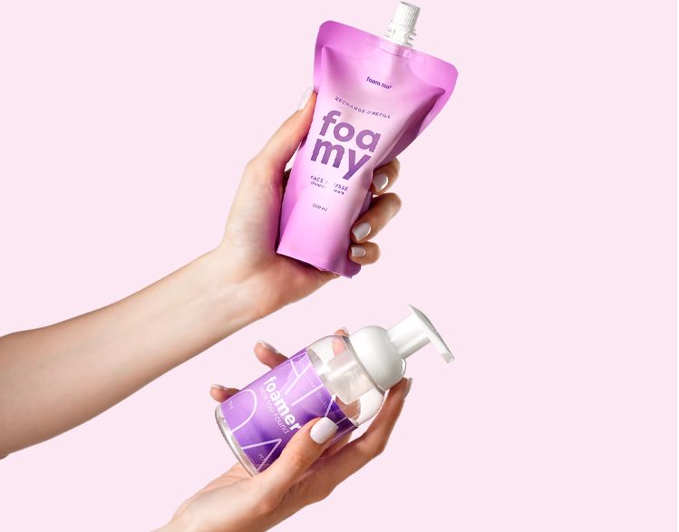 Foamer Table Top by Berlin Packaging Beauty used with flexible, showing refillable hand soap system and reusable packaging for sustainable hygiene solutions.