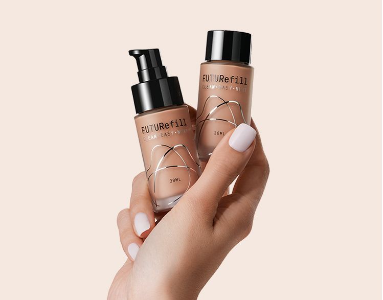 Future Refill Connector by Berlin Packaging Beauty, refillable cosmetic bottles with pump and screw cap, showcasing modular refill system for sustainable skincare packaging.
