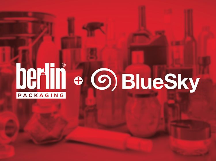Red background featuring Berlin Packaging and BlueSky logos with various bottle silhouettes.