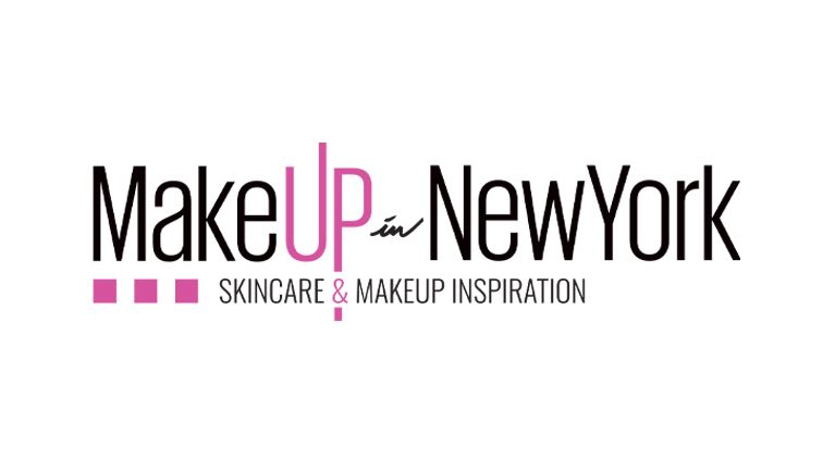 Make up in New York event logo, thin black text with pink accents, elaborate design on white background