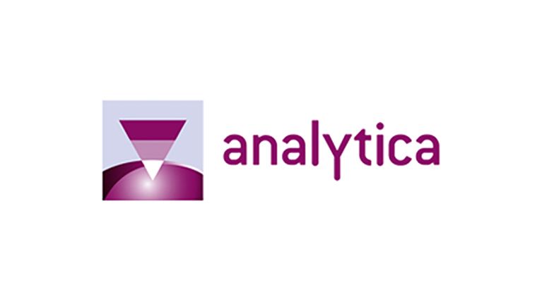 Analytica event logo: square lilac background with a violet sphere and triangle, white text.