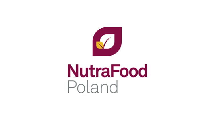 Logo of NutraFood Poland featuring a stylized leaf inside a maroon shape above the text "NutraFood Poland" on a white background.