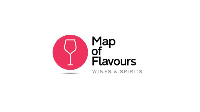 Logo with a pink circle featuring a wine glass outline, alongside the text "Map of Flavours" and "Wines & Spirits" in black and grey.