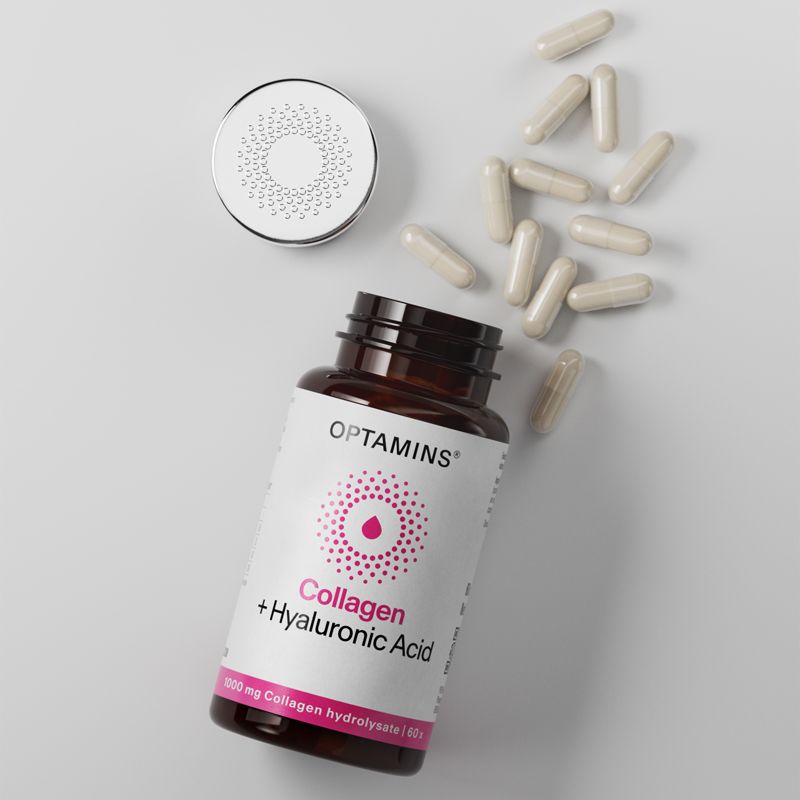 Brown bottle labeled "Collagen + Hyaluronic Acid" with scattered beige capsules on a white surface.