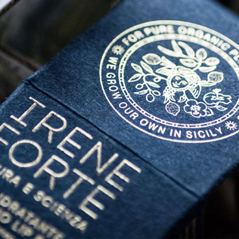 Detail of Irene Forte Skincare secondary packaging, showcasing textured paper, embossed elements and premium decoration