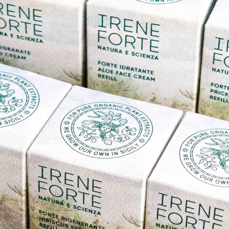 Secondary packaging for Irene Forte Skincare, featuring premium folding boxes with refined finishes and coordinated design