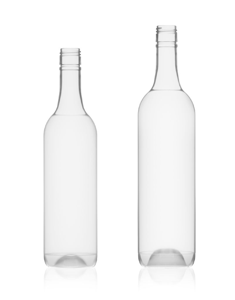 Two clear glass bottles, one slightly shorter, with screw tops, standing on a reflective white surface.