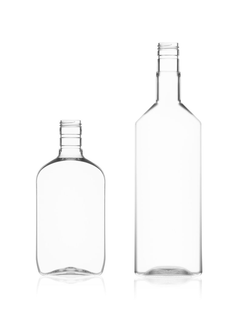 Two clear glass bottles, one smaller and short, the other taller, both with screw-top necks, placed side by side against a white background.