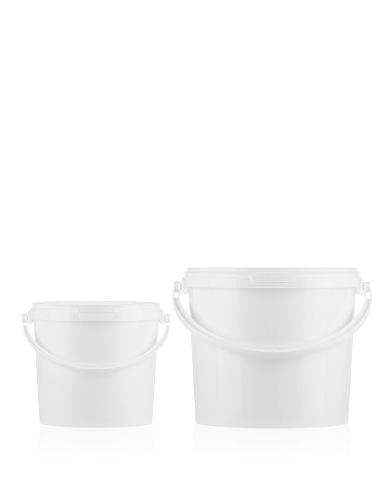 Two white plastic buckets with lids and handles, one larger and one smaller, are displayed side by side against a white background.