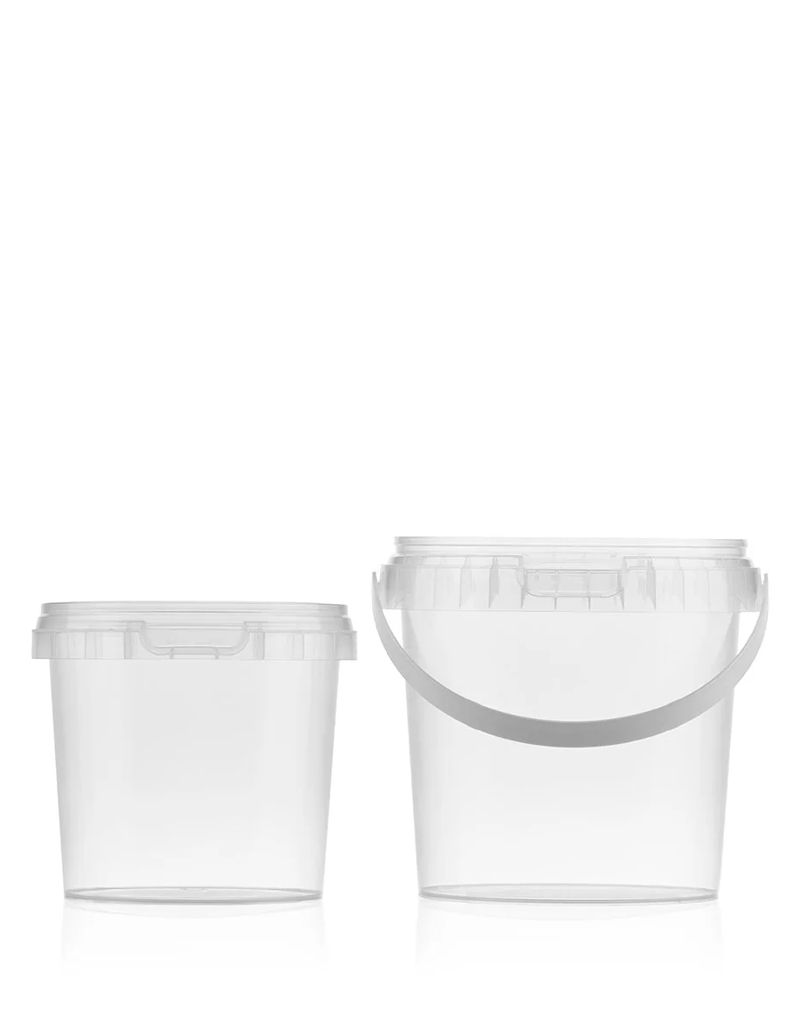 Two transparent plastic buckets with lids, one smaller and one larger with a handle, against a white background.