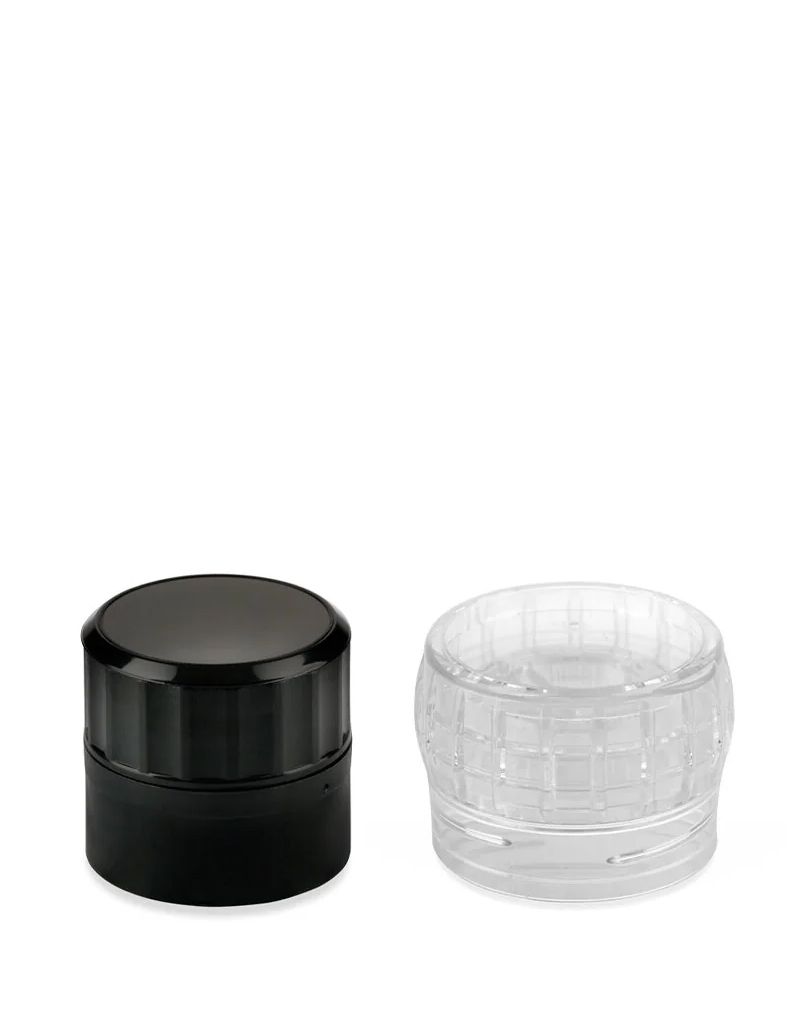 Two chess-clock buttons: one black and opaque, the other clear and transparent, on a white background.