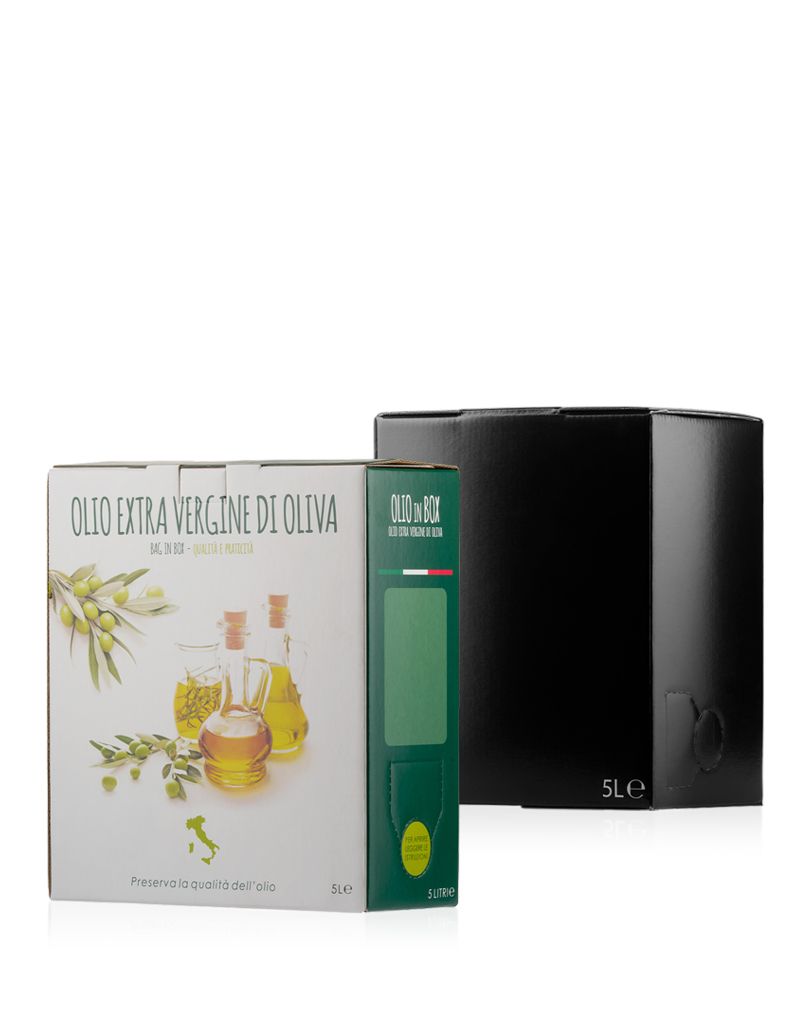 Box of extra virgin olive oil with olive illustrations and a black cardboard cover beside it, labeled "5L."