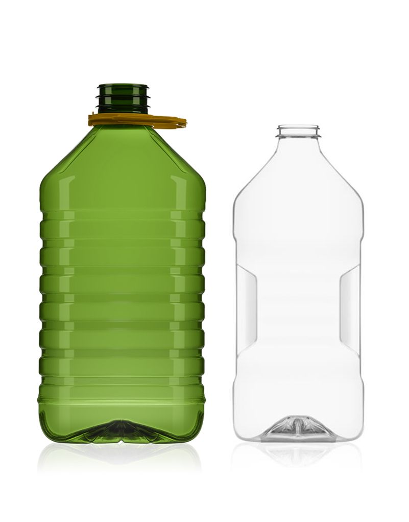 Two plastic bottles: a green one with a yellow cap, and a clear one, both with ribbed sides and similar shapes, standing side by side.
