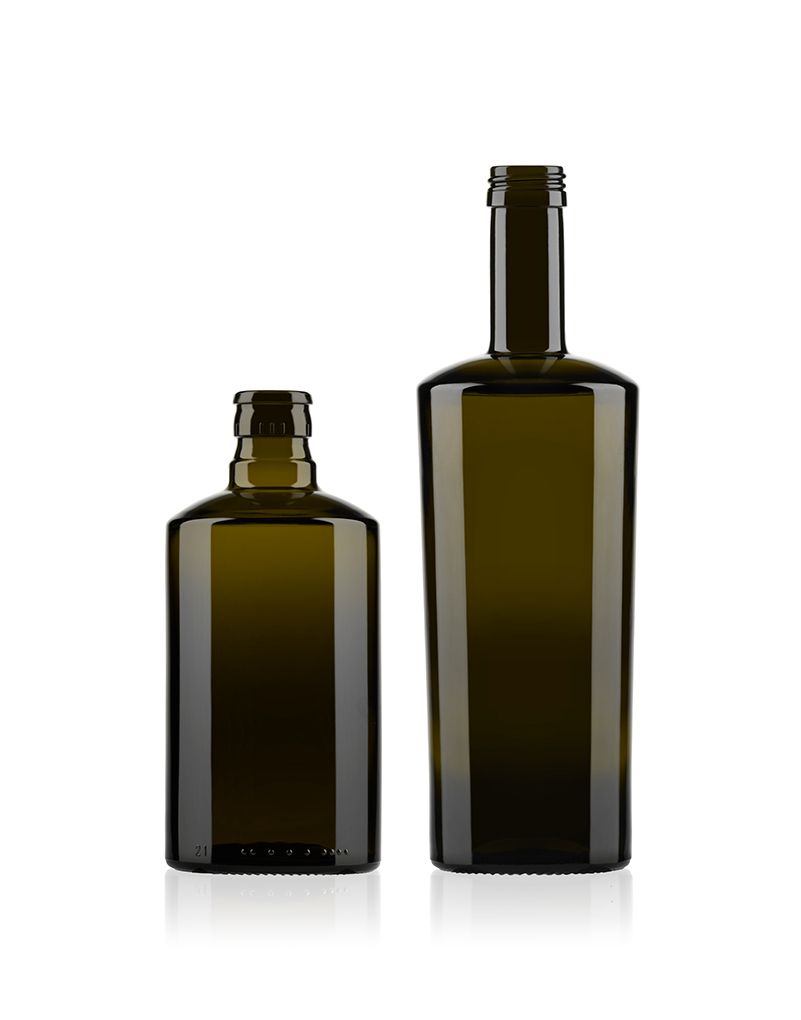 Two olive green glass bottles of different heights, standing on a reflective surface against a white background.