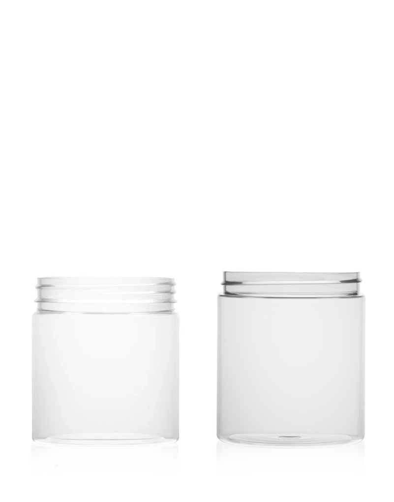 Two clear, empty plastic jars on a white background, one with a lid partially open and the other closed.