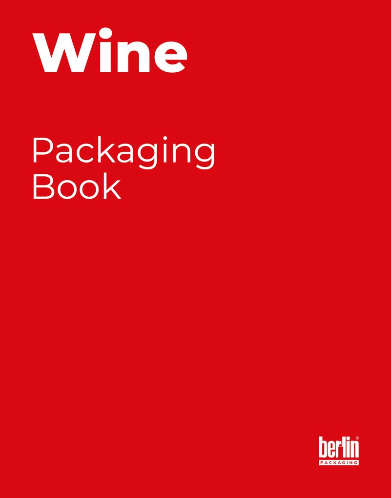 Cover of Wine Packaging Book by Berlin Packaging featuring bold white text on a solid red background