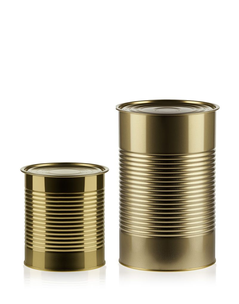 Two golden metal cans of different sizes, with the larger one on the right and the smaller on the left, both with sealed lids.