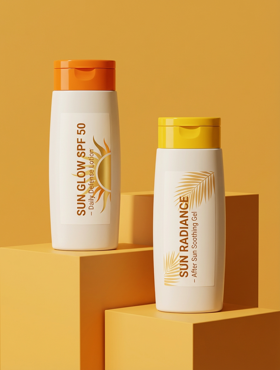 Two bottles on yellow blocks: one labeled "Sun Glow SPF 50" with orange cap, the other "Sun Radiance" with yellow cap, against a matching background.