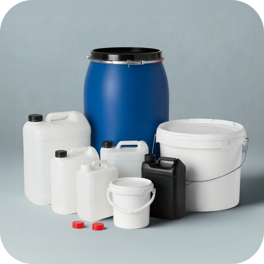 Assorted plastic containers including a large blue barrel, white and black jugs, and buckets with red caps against a gray background.