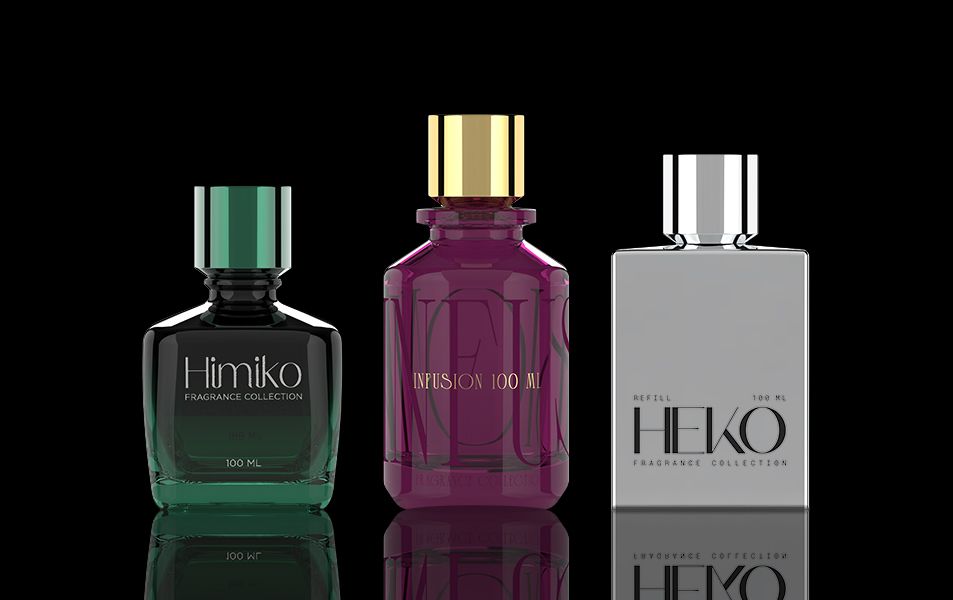bp_em_news_clichè-&-touchè_img-get-in-touch Fragrance bottles Himiko, Infusion, and Heko from Berlin Packaging’s premium collection, featuring transparent glass designs in green, purple, and silver tones with metallic caps, displayed on a black reflective background.