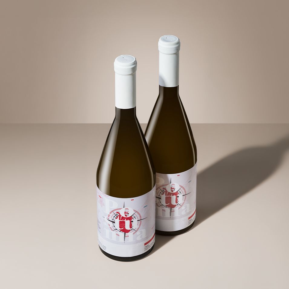 Two Postumia bottles by berlin packaging with white labels and caps, standing on a beige surface with their shadows visible.