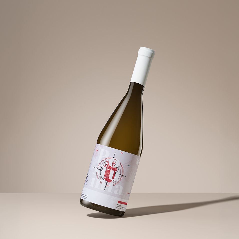A Postumia bottle by Berlin Packaging with a white and red artistic label, featuring abstract text and design, displayed against a plain beige background.