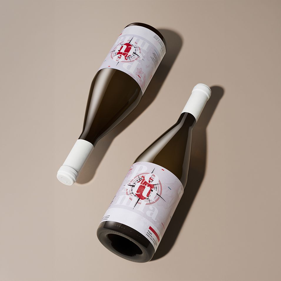 Two Postumia bottles by Berlin Packaging with white labels and white caps, featuring red and black graphic design, on a light beige background.