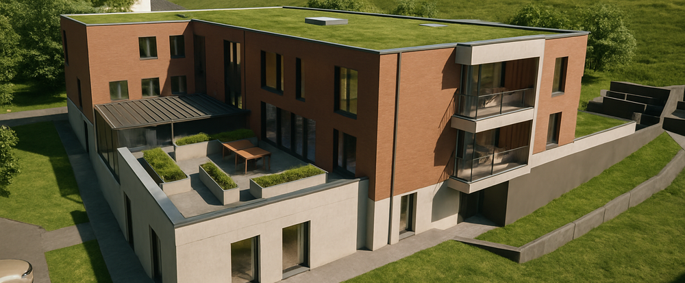 Architektur-Rendering des Neubau-Wohnhauses im Lebensbogen aus der Vogelperspektive mit Dachterrasse und Gründach