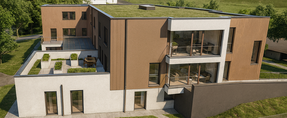 Architektur-Rendering des Neubau-Wohnhauses im Lebensbogen mit Loggien und Innenhof in Grünbach am Schneeberg