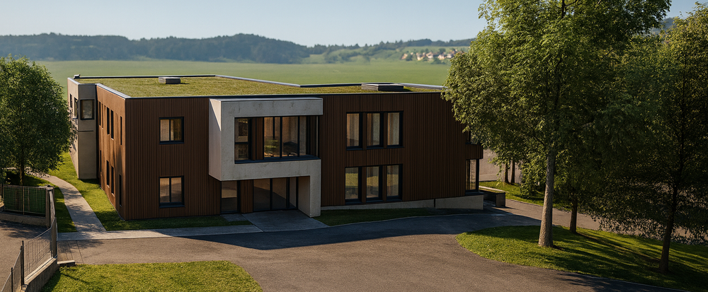 Architektur-Rendering des Neubau-Wohnhauses im Lebensbogen mit Gründach und Holzfassade vor der Schneeberg-Landschaft