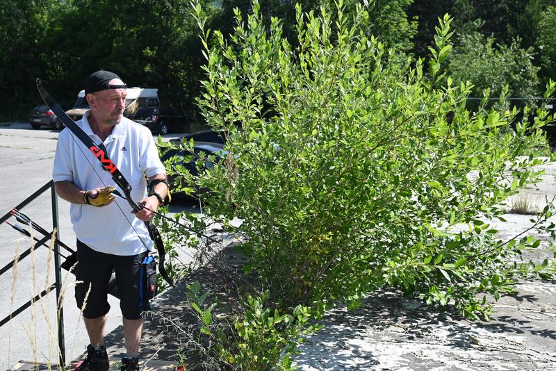 Mann in Freizeitkleidung hält draußen Bogen und Pfeil; steht an einem sonnigen Tag neben einem grünen Busch