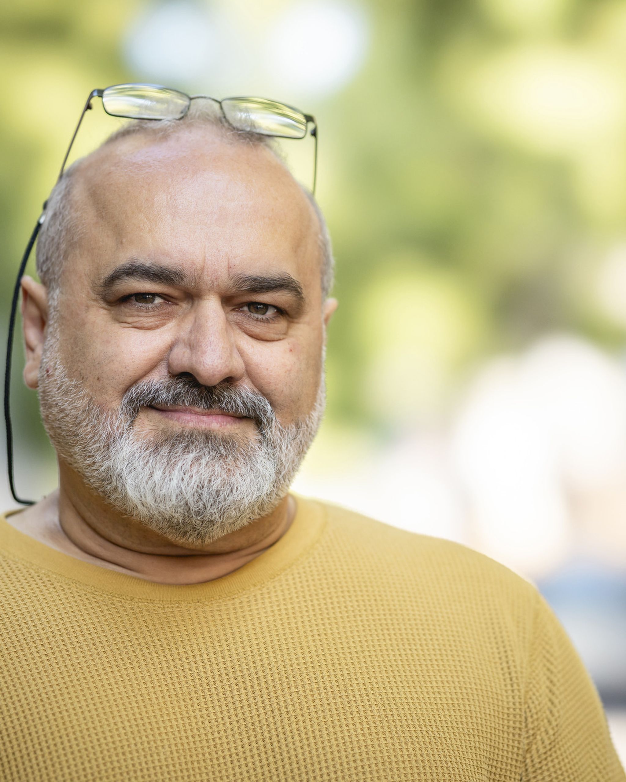 A man with a beard and glasses on his head, wearing a mustard yellow sweater, smiling slightly outdoors with a blurred green background.