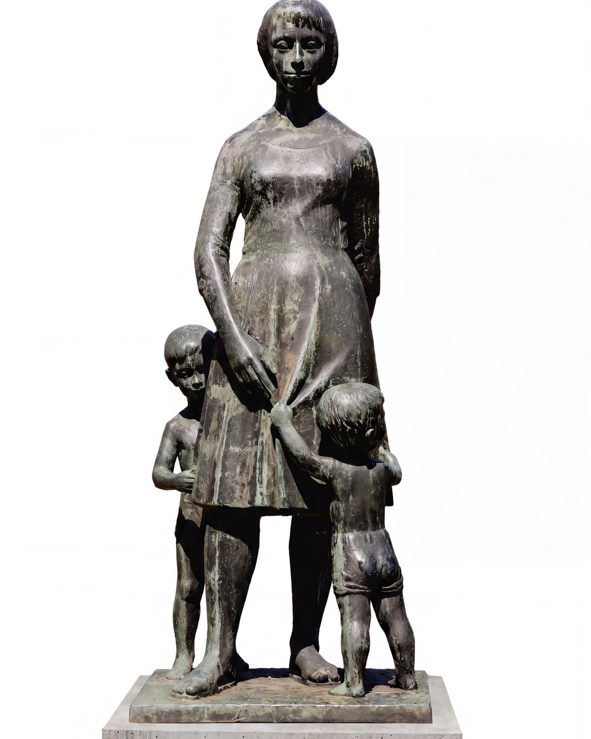 Bronze statue of a woman with two children clinging to her dress, standing on a square base against a plain background.