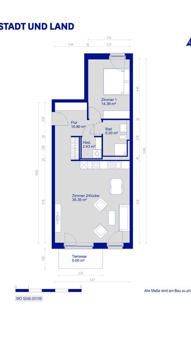 Grundriss einer Wohnung mit zwei Zimmern, Küche, Bad, Abstellraum, Flur und Terrasse.