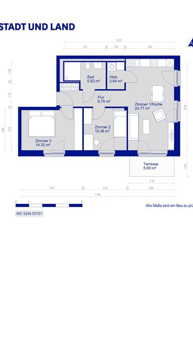Grundriss einer Wohnung mit drei Zimmern, Küche, Bad, Abstellraum, Flur und Terrasse, von STADT UND LAND.