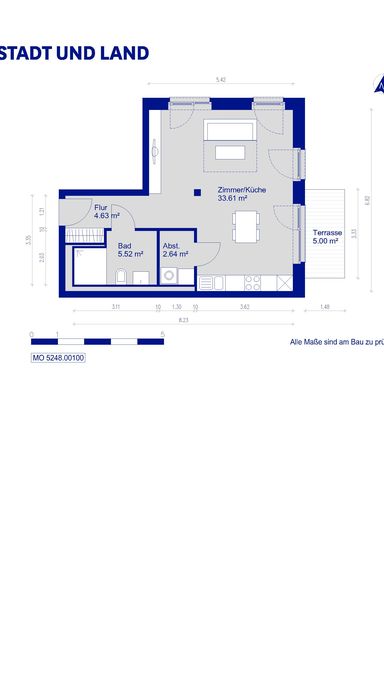 Grundriss einer Wohnung mit Zimmer/Küche, Bad, Abstellraum, Flur und Terrasse, von STADT UND LAND.