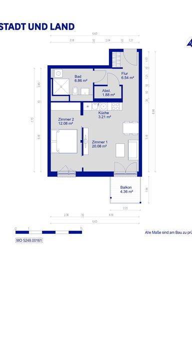 Grundriss einer Wohnung mit zwei Zimmern, Küche, Bad, Abstellraum, Flur und Balkon, Gesamtfläche 6.63 x 7.23 m.