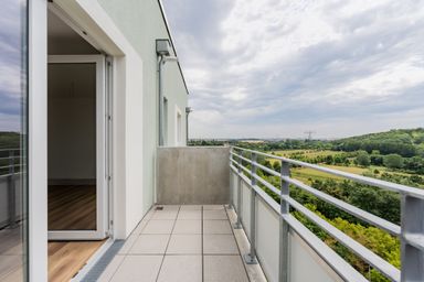 Blick von einem Balkon im Mehrfamilienhaus auf eine grüne Landschaft unter bewölktem Himmel.